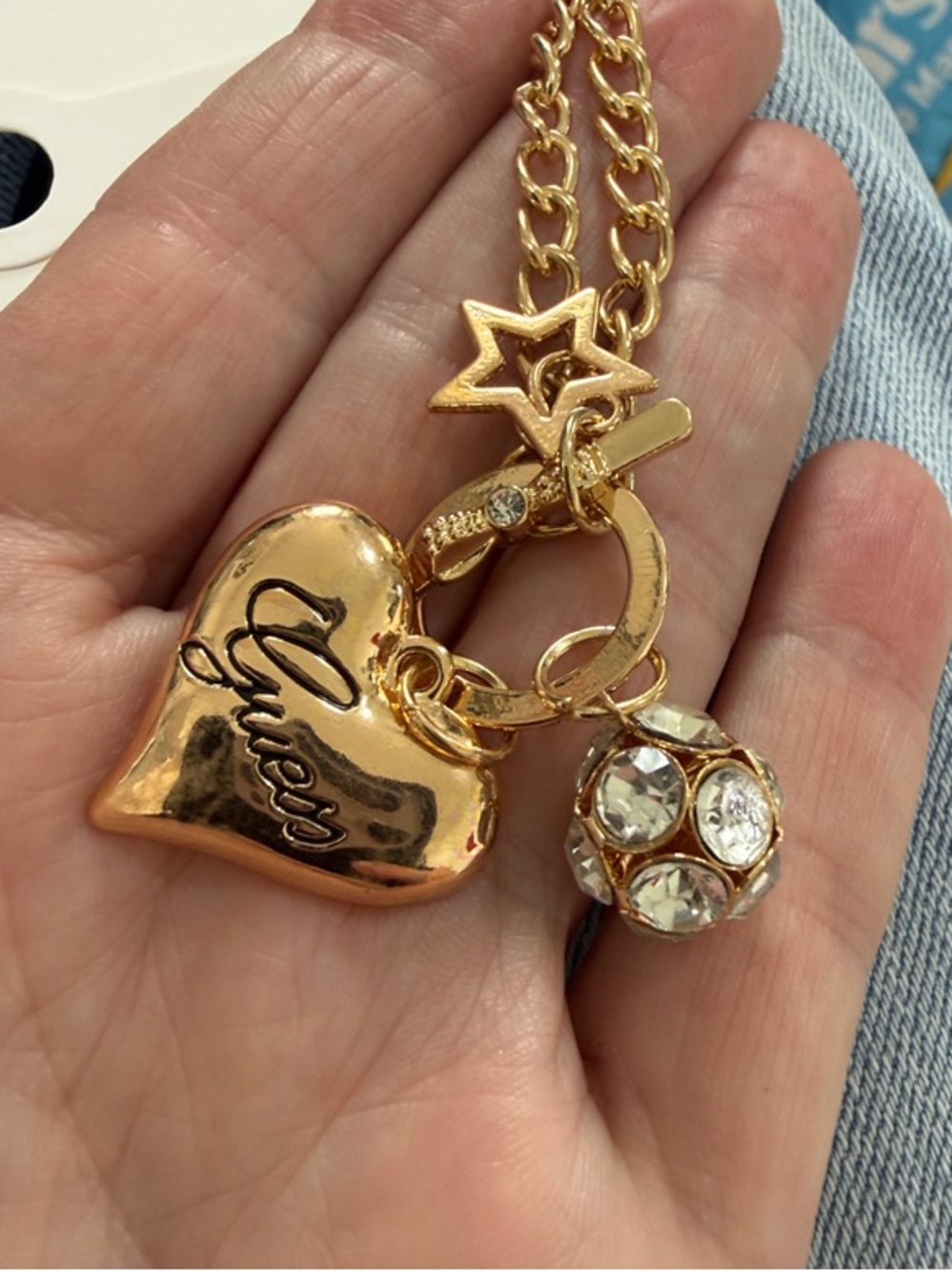 GUESS Gold Heart, Star & Crystal Charm Necklace outlet store brand new